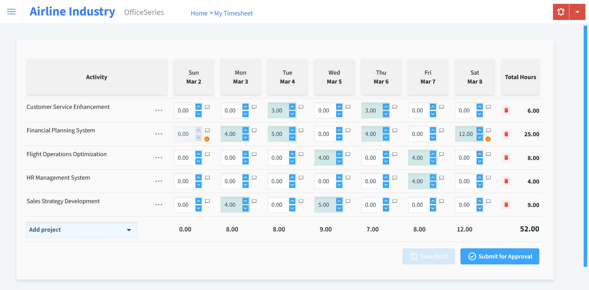 Airline Industry Timesheet Time Entry