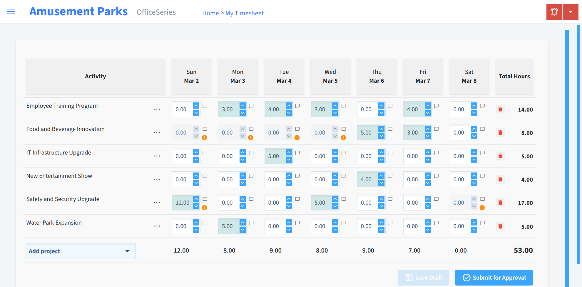 Amusement Parks Timesheet Time Entry