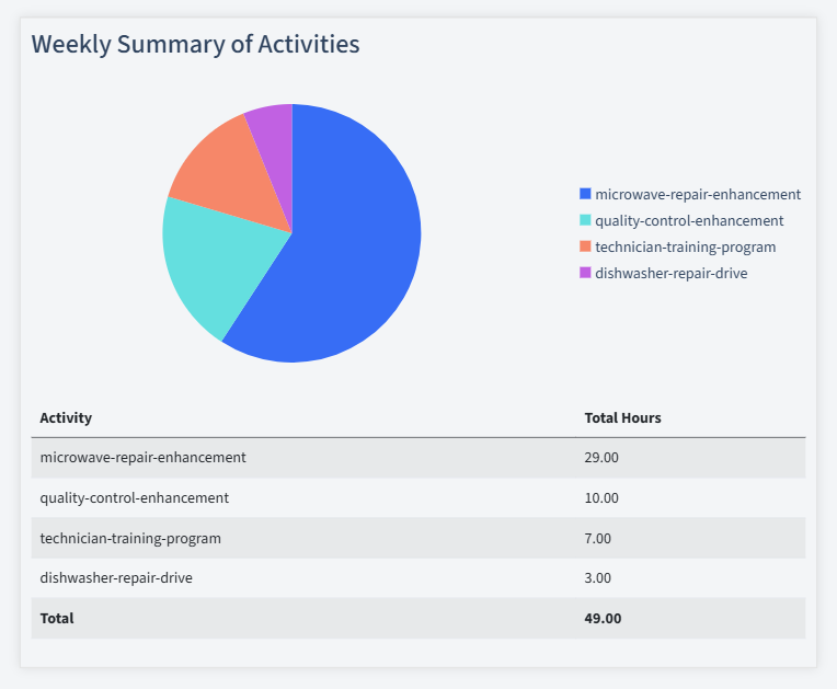 Appliance Repair Timesheet Activity Summary