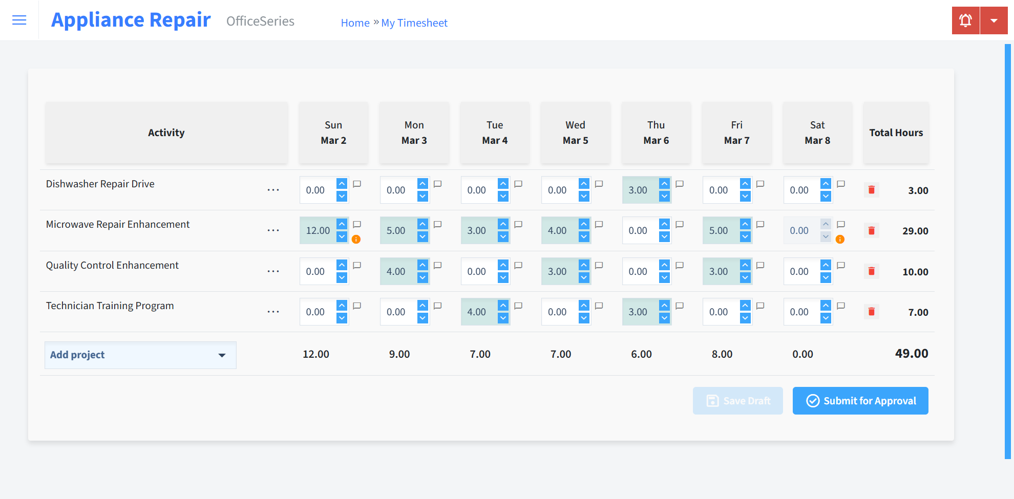 Appliance Repair Timesheet Time Entry