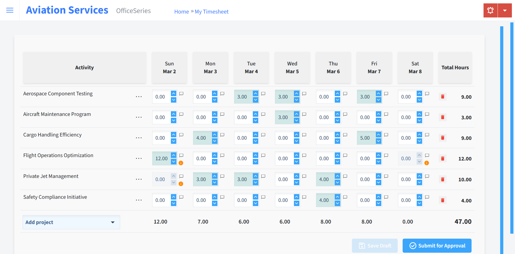 Aviation Services Timesheet Time Entry