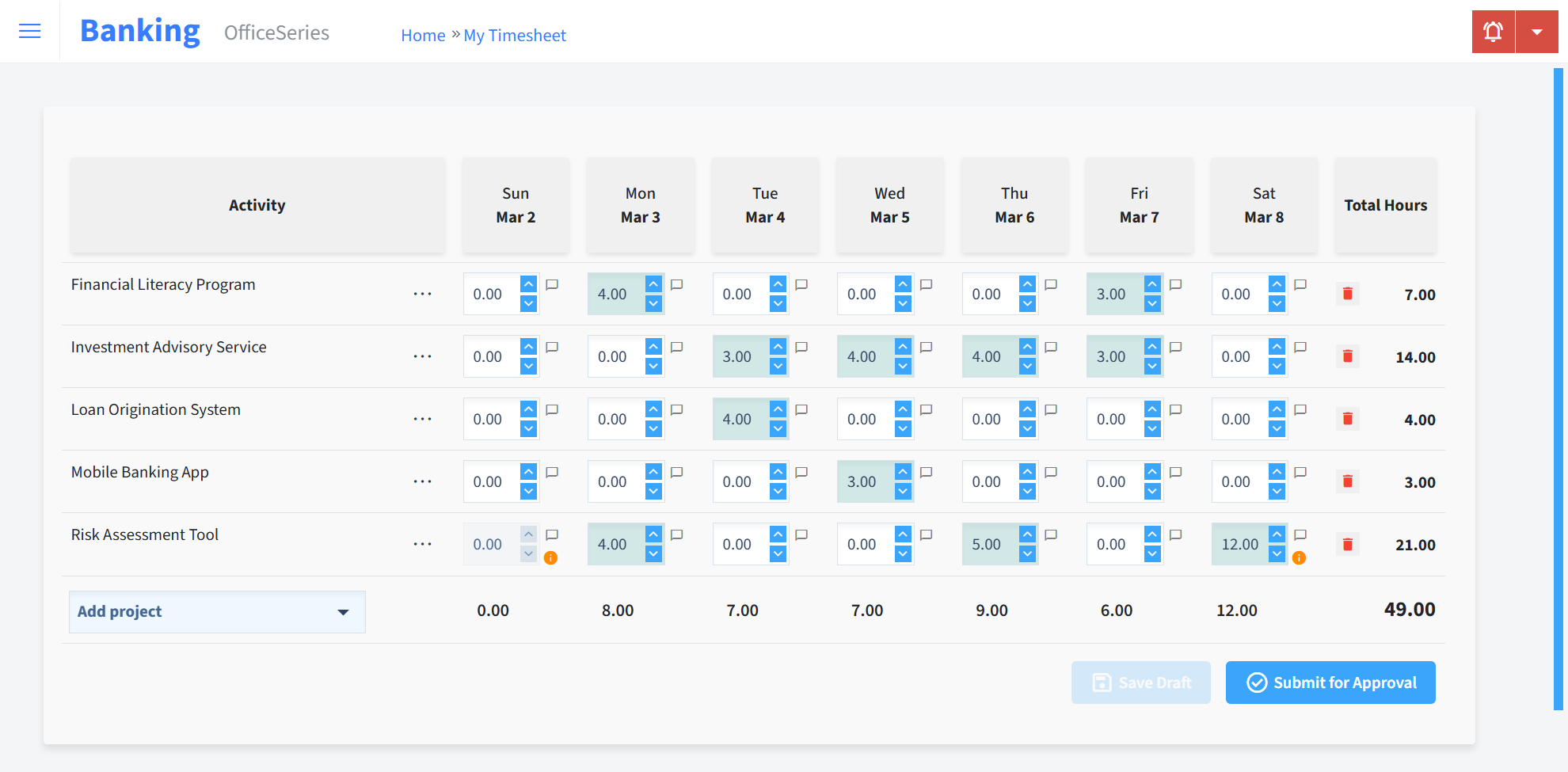 Banking Timesheet Time Entry