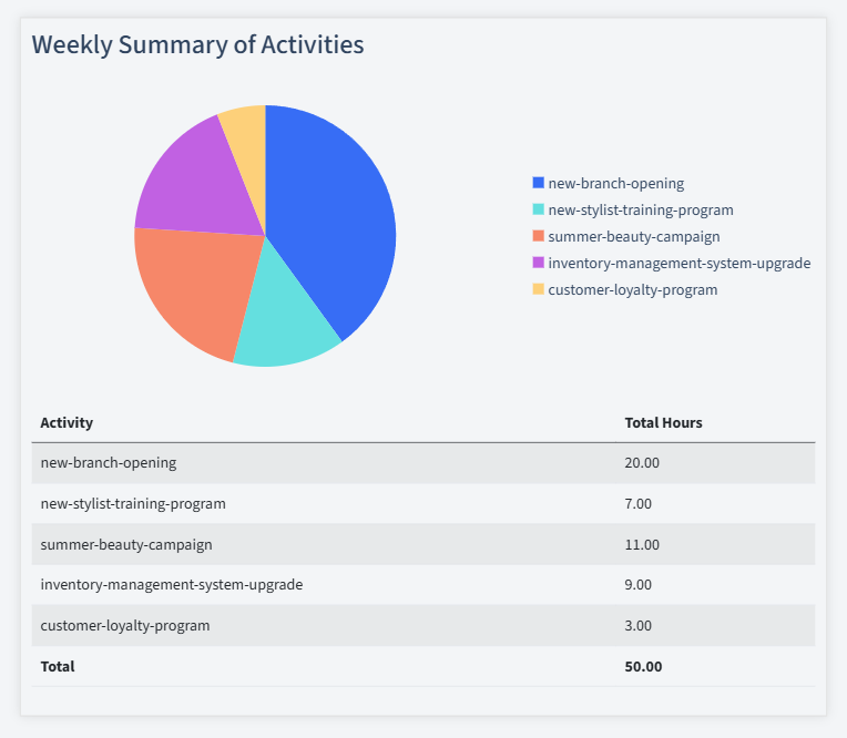 Beauty Salons Timesheet Activity Summary