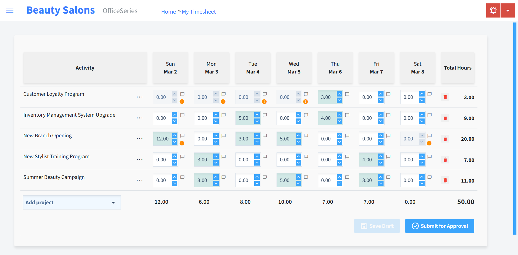 Beauty Salons Timesheet Time Entry