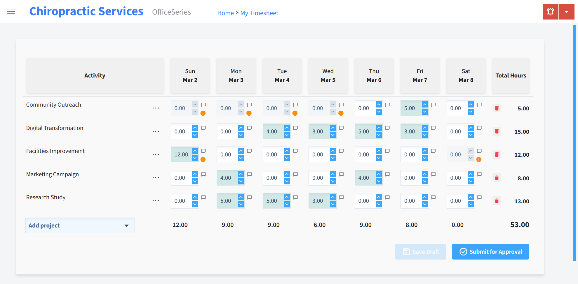 Chiropractic Services Timesheet Time Entry