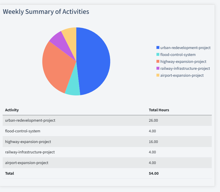 Civil Engineering Timesheet Activity Summary