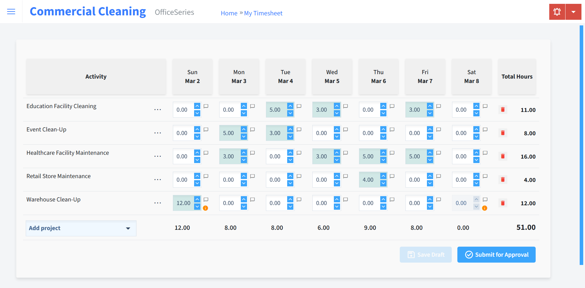 Commercial Cleaning Timesheet Time Entry