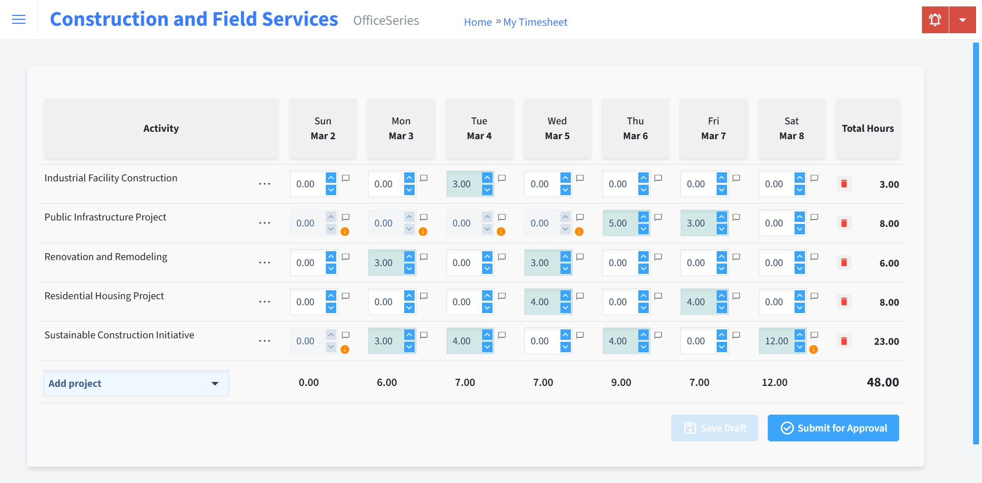 Construction And Field Services Timesheet Time Entry