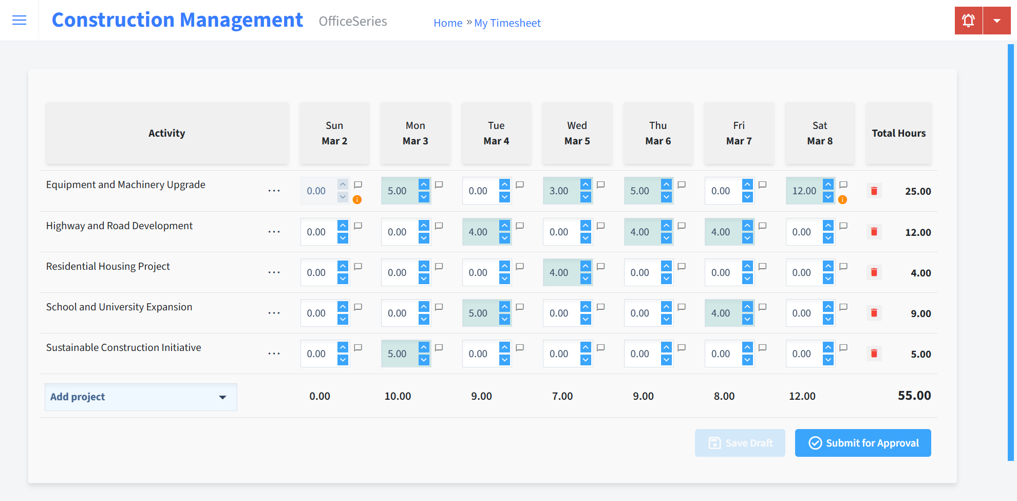 Construction Management Timesheet Time Entry