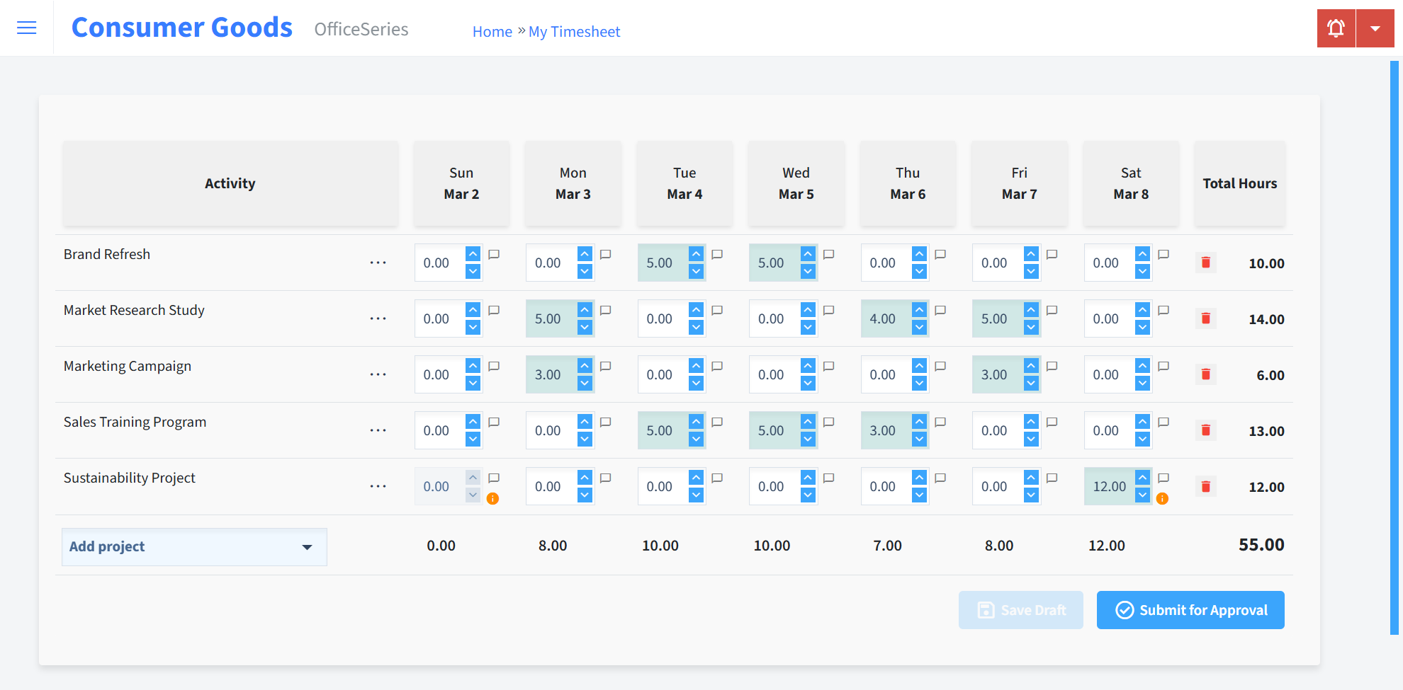 Consumer Goods Timesheet Time Entry