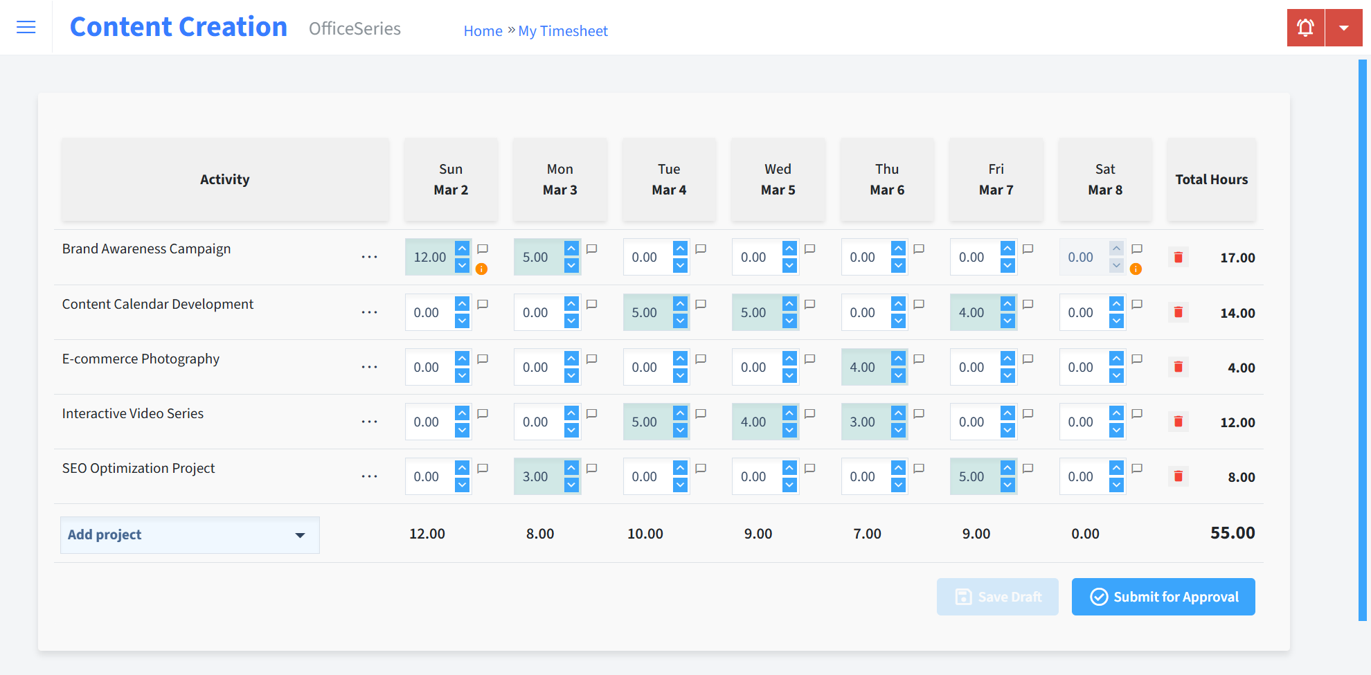 Content Creation Timesheet Time Entry