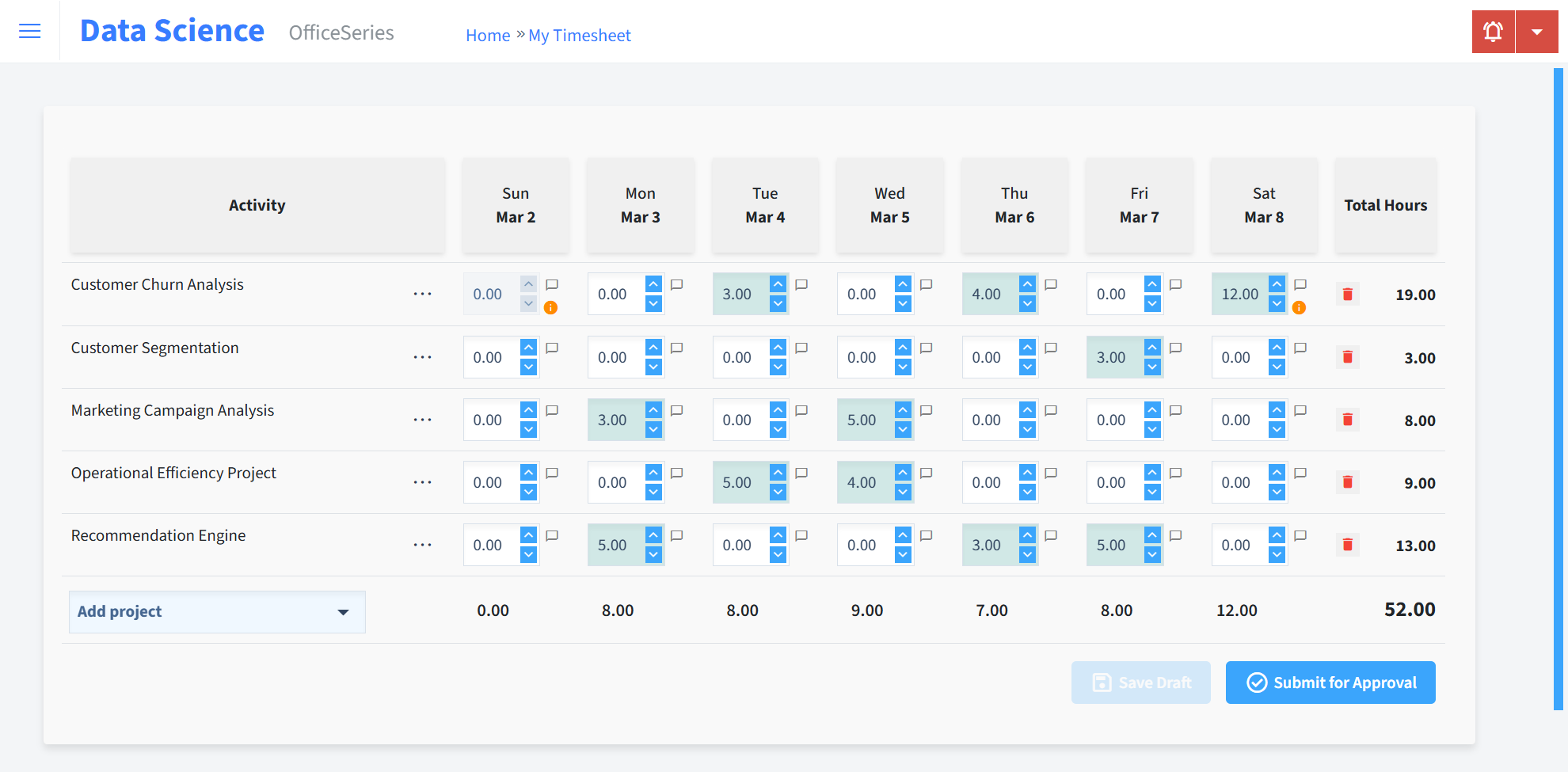 Data Science Timesheet Time Entry