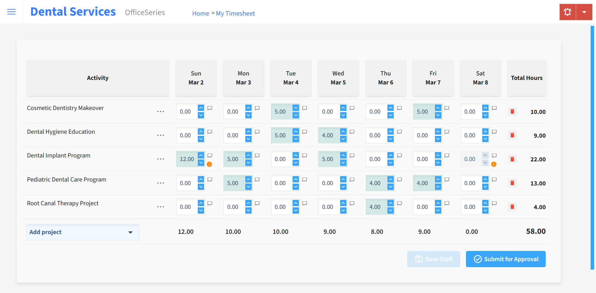 Dental Services Timesheet Time Entry