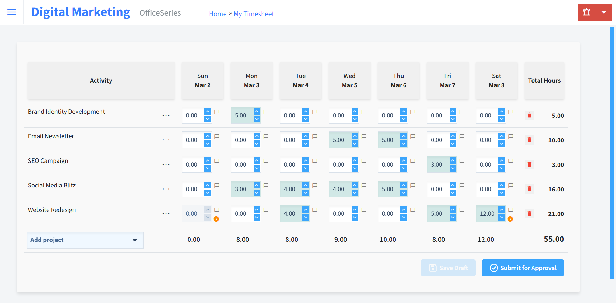 Digital Marketing Timesheet Time Entry