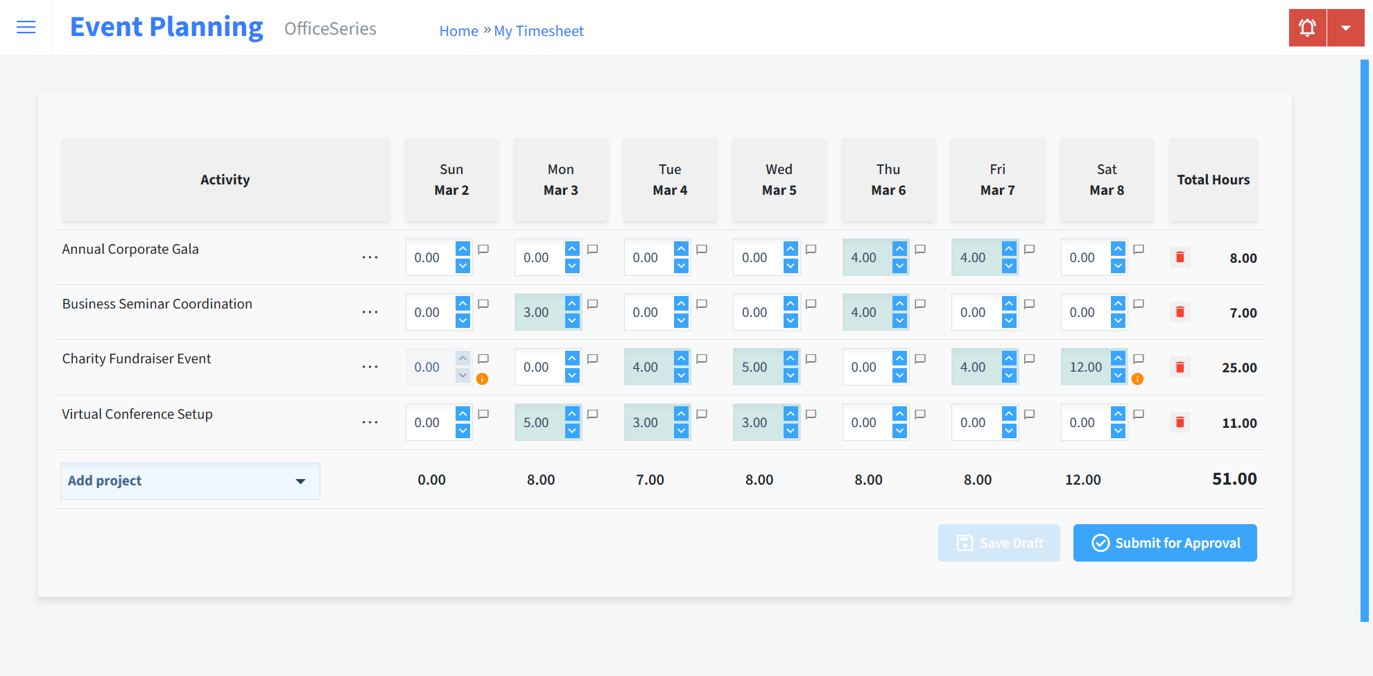 Event Planning Timesheet Time Entry