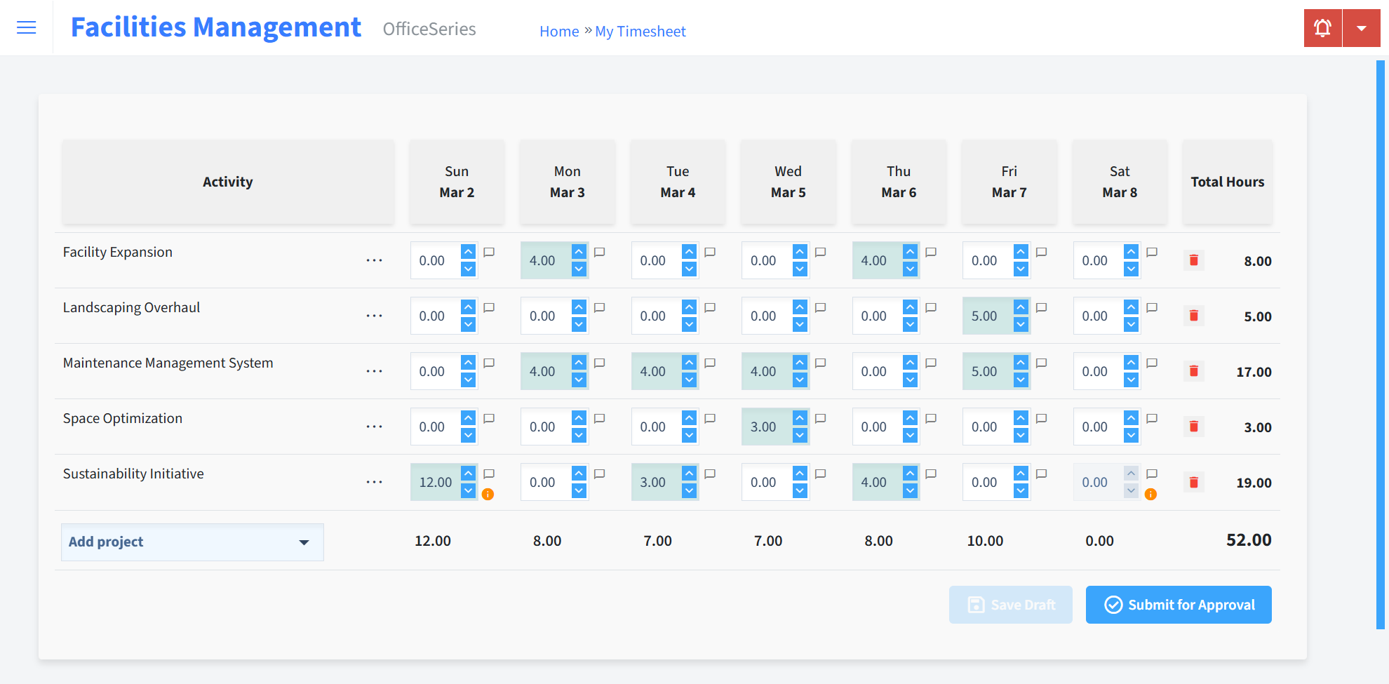 Facilities Management Timesheet Time Entry