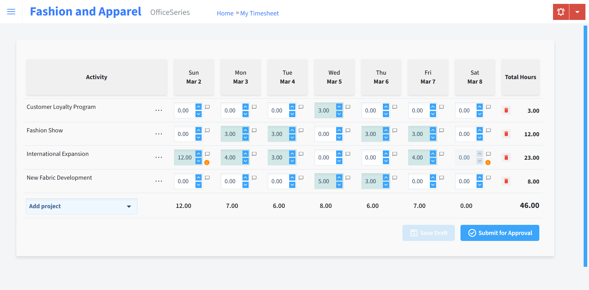 Fashion And Apparel Timesheet Time Entry