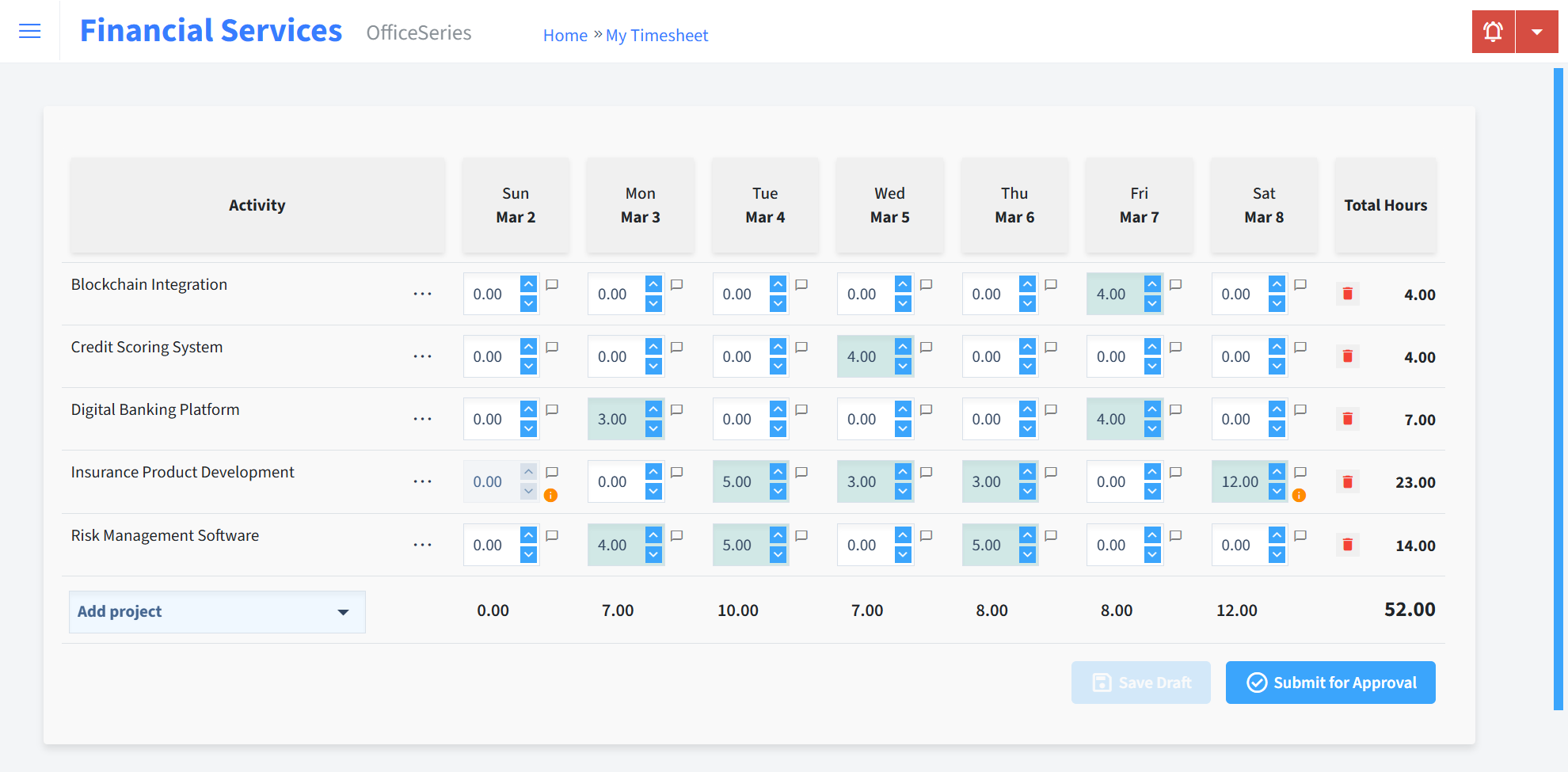 Financial Services Timesheet Time Entry