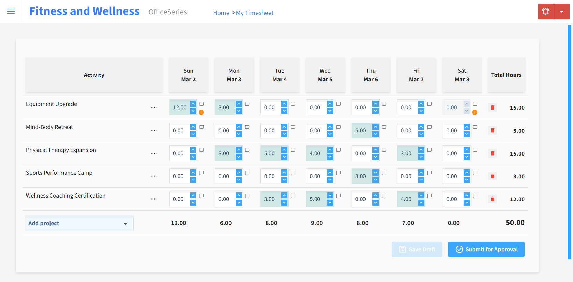 Fitness And Wellness Timesheet Time Entry