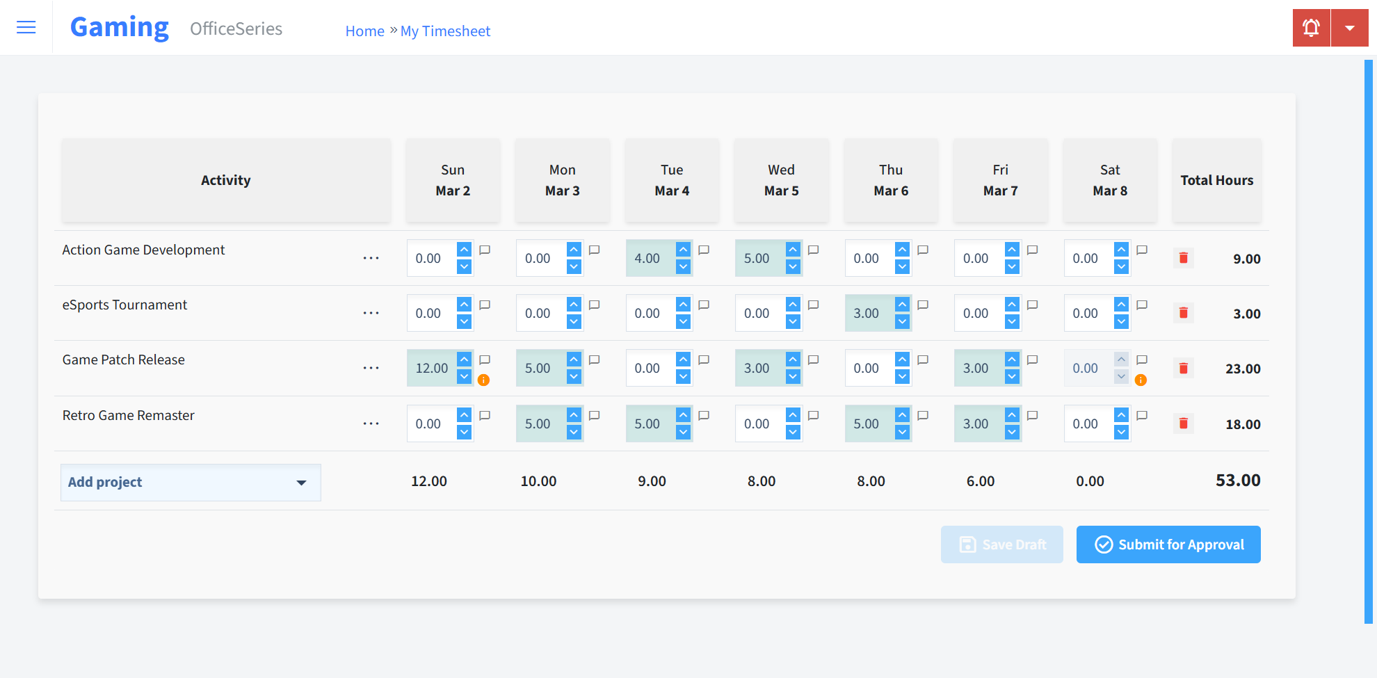 Gaming Timesheet Time Entry