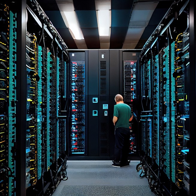 Senior engineer ensuring data security in a high-tech data center