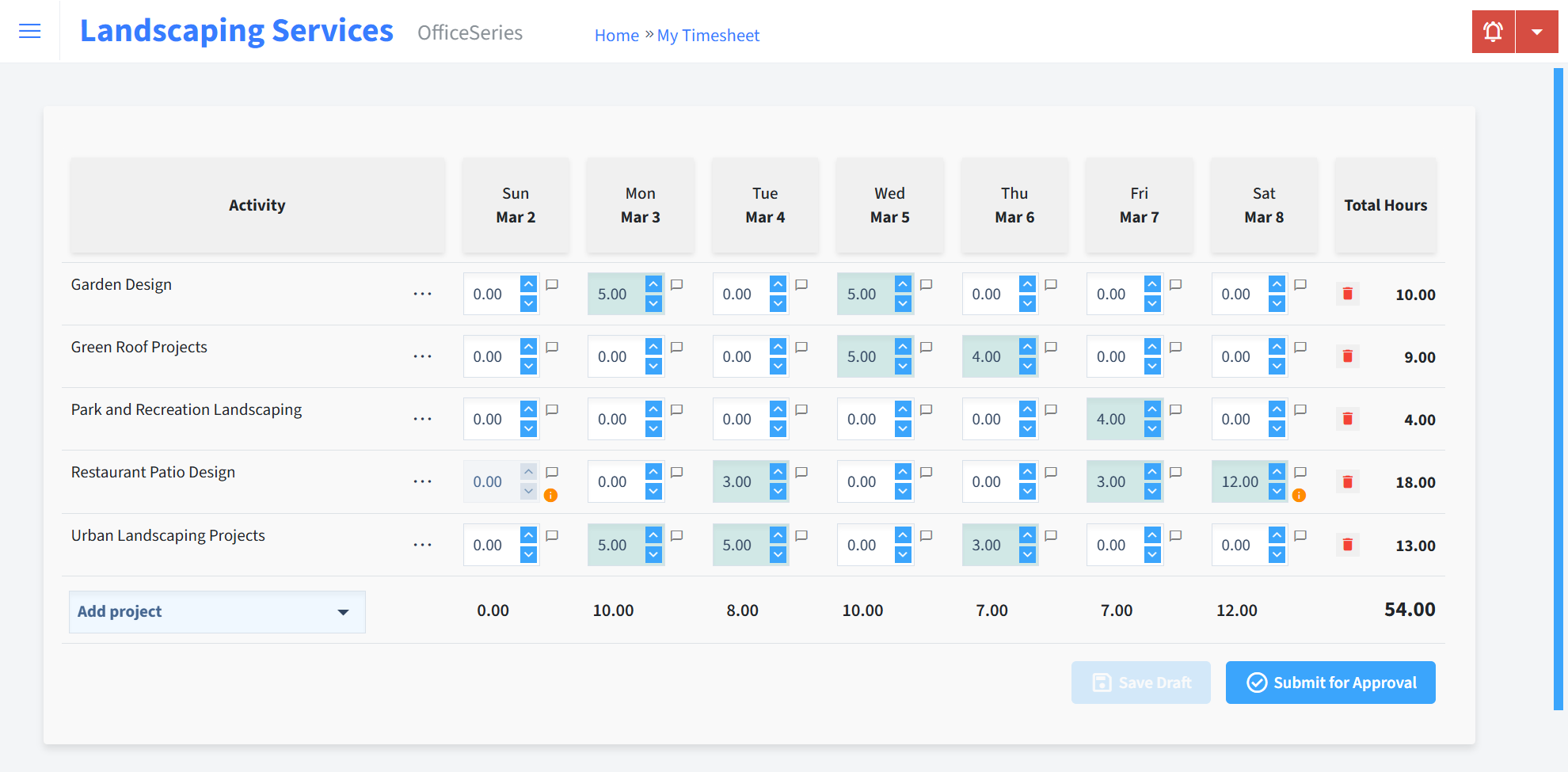 Landscaping Services Timesheet Time Entry