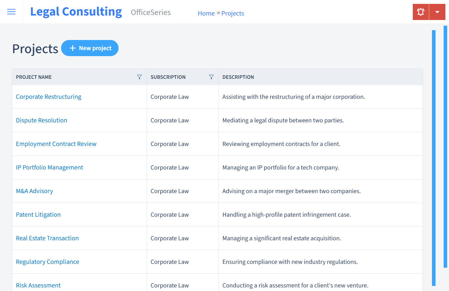 Legal Consulting Timesheet Projects