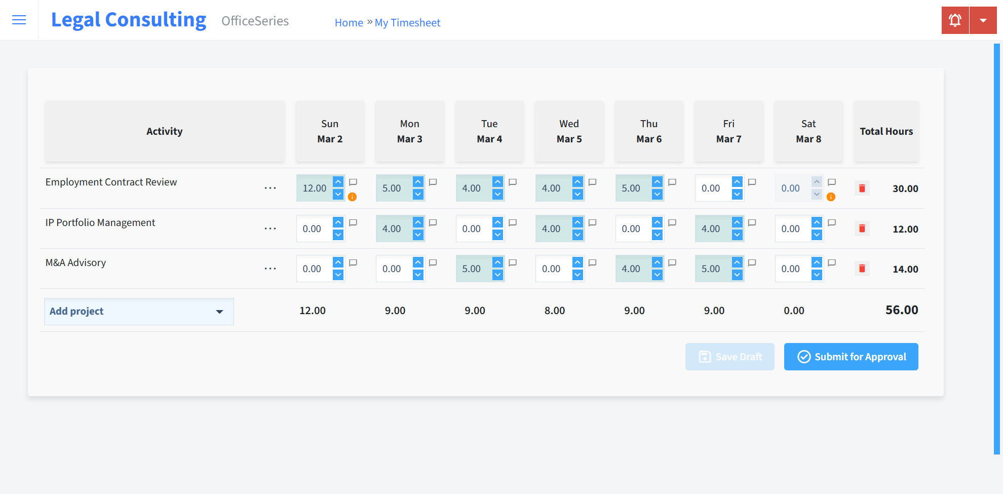 Legal Consulting Timesheet Time Entry