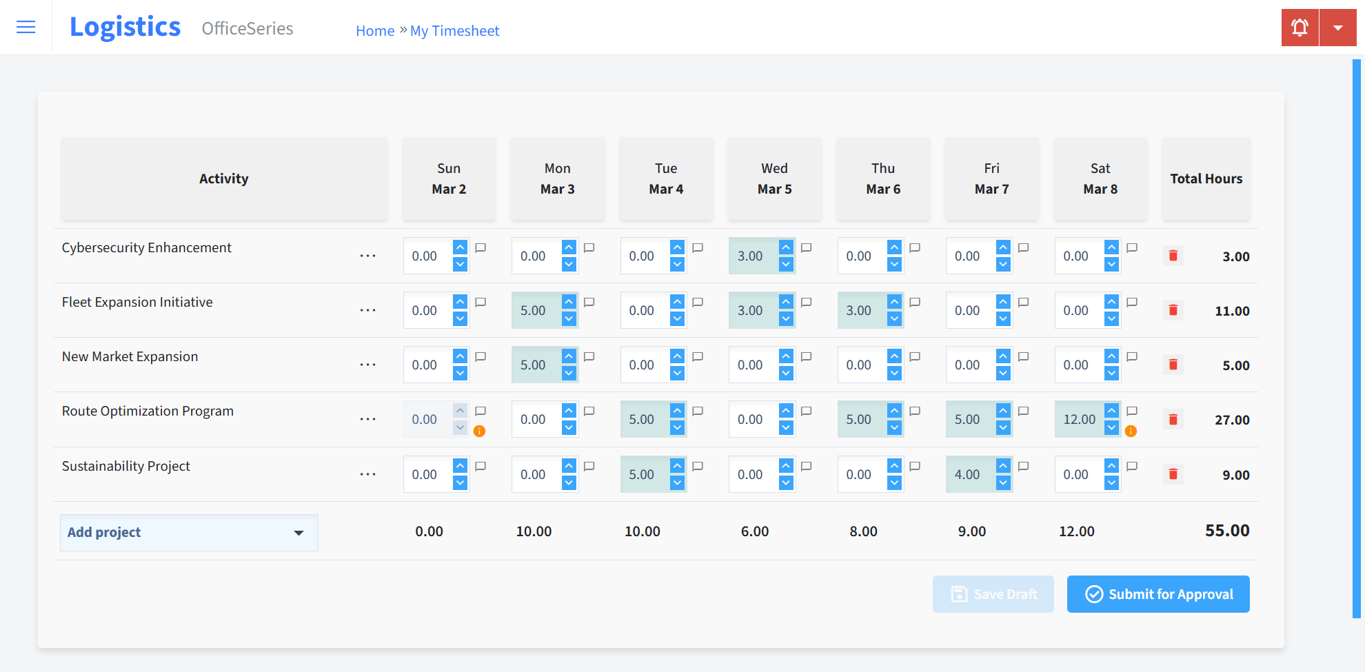 Logistics Timesheet Time Entry