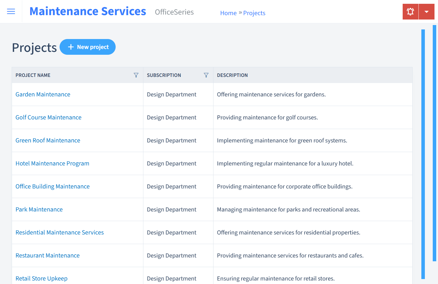 Maintenance Services Timesheet Projects