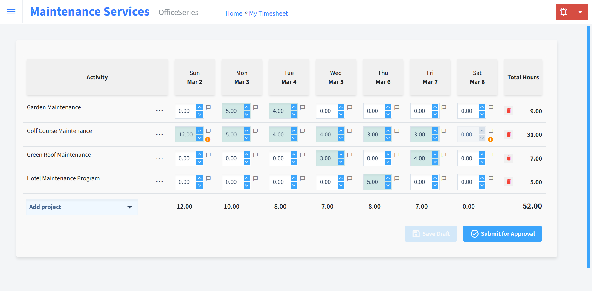 Maintenance Services Timesheet Time Entry