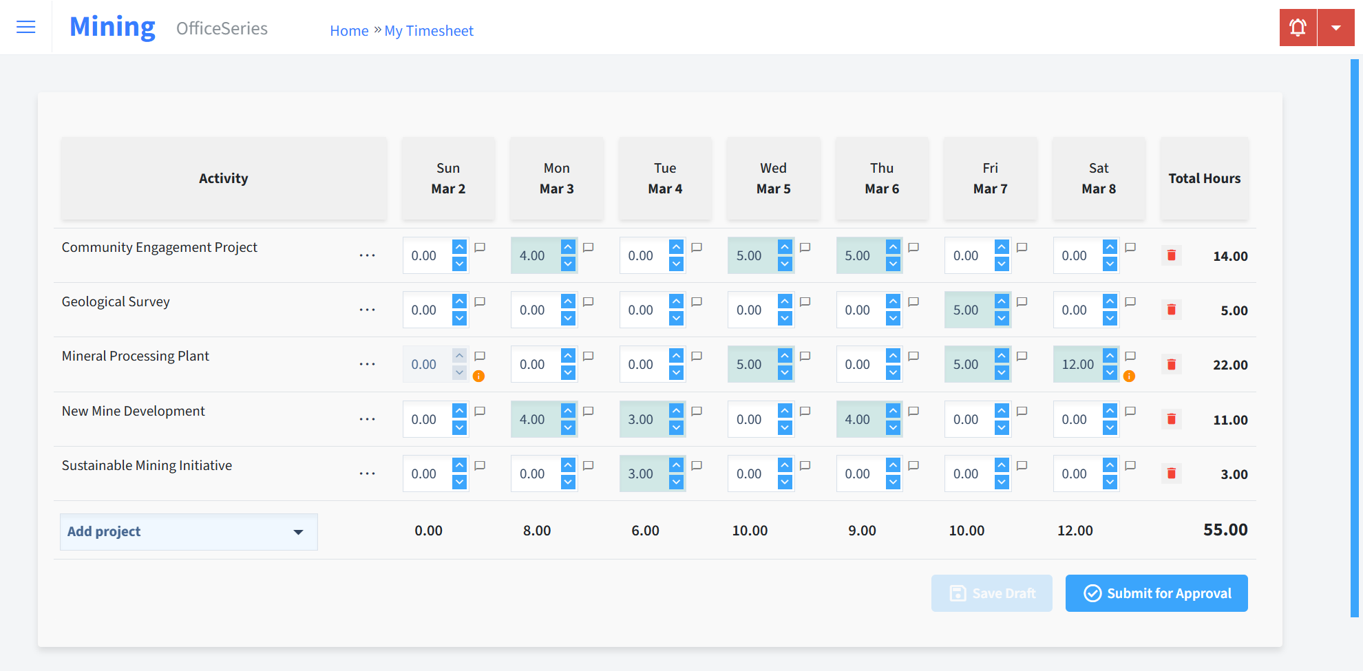 Mining Timesheet Time Entry