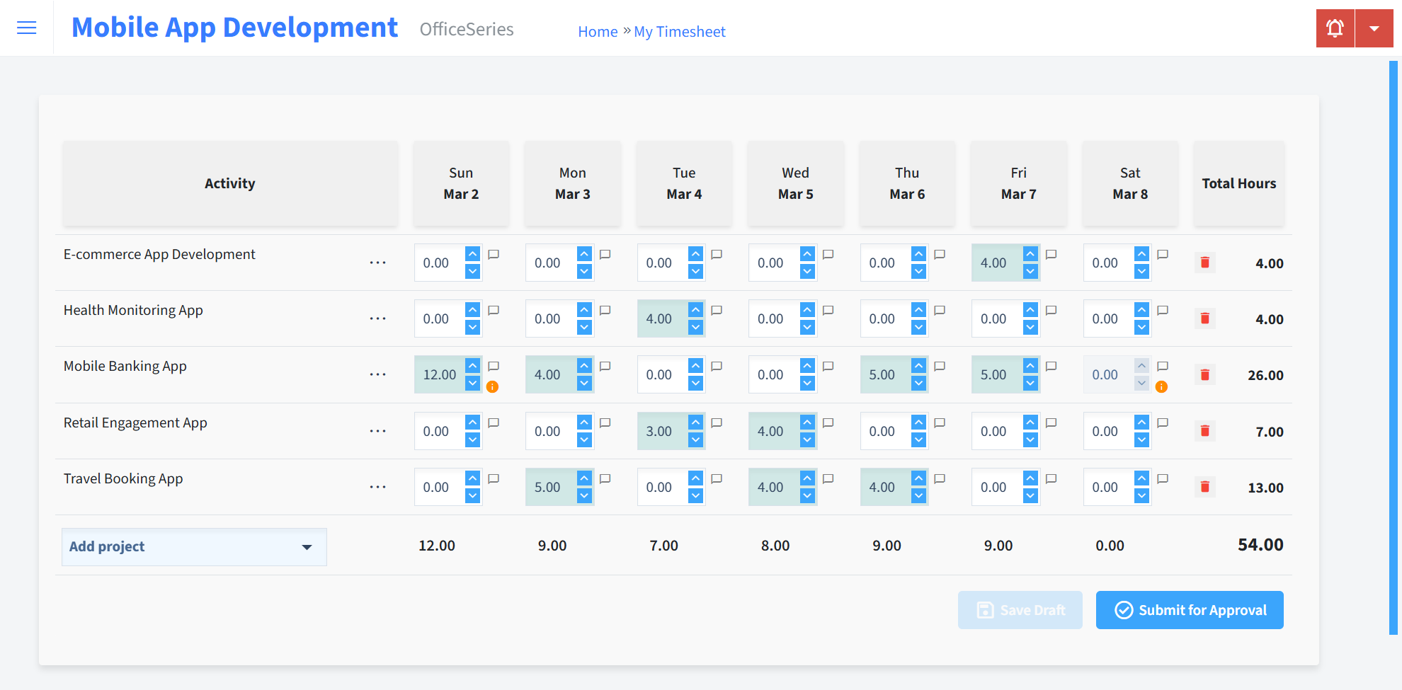 Mobile App Development Timesheet Time Entry