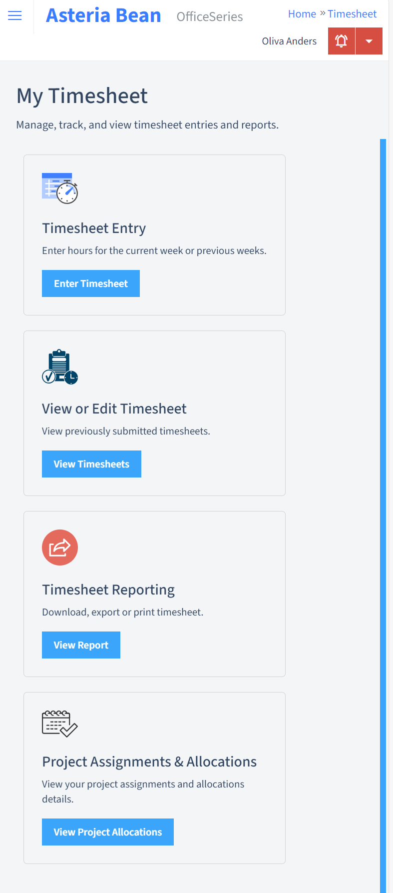 OfficeSeries timesheet entry screen, reporting, and allocation menu displayed on a mobile device