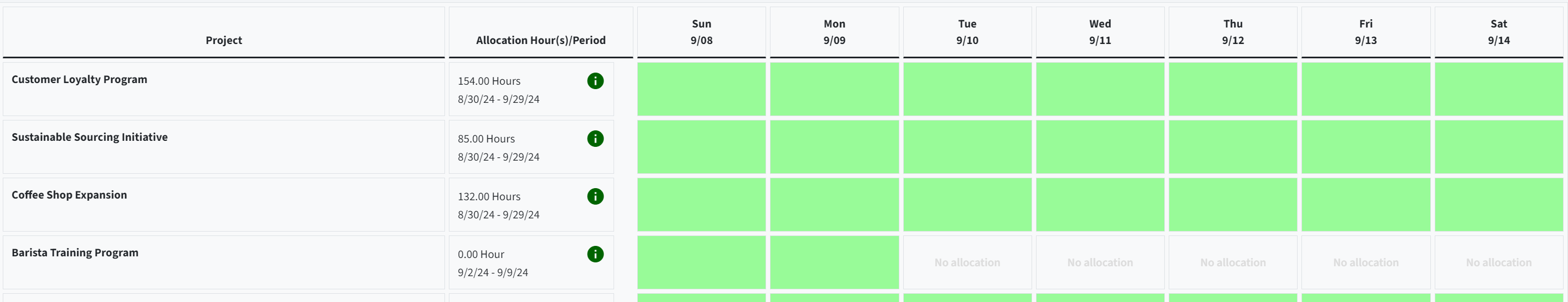 Project allocation overview in OfficeSeries Timesheet software