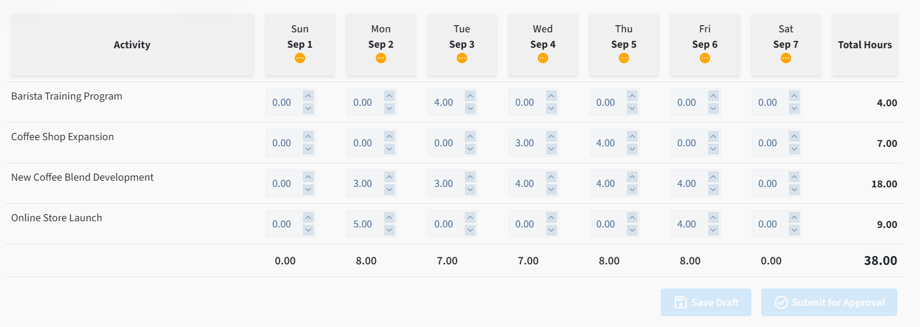 OfficeSeries timesheet pending approval status screen displayed on a device