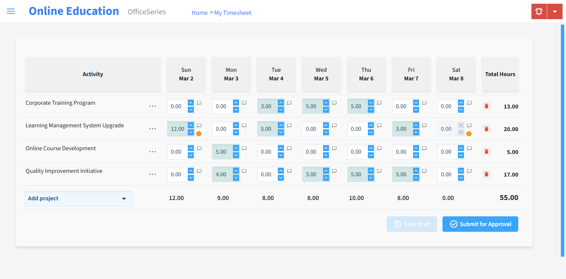 Online Education Timesheet Time Entry