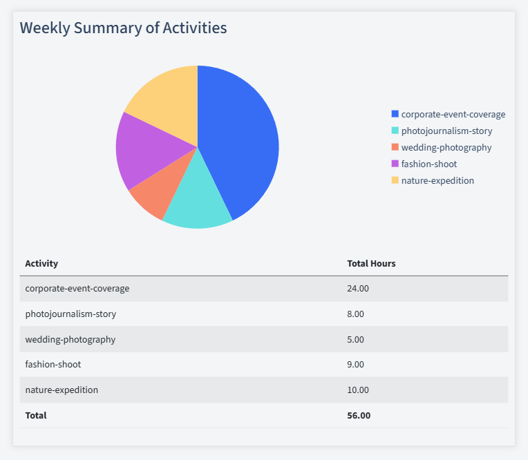 Photography Timesheet Activity Summary