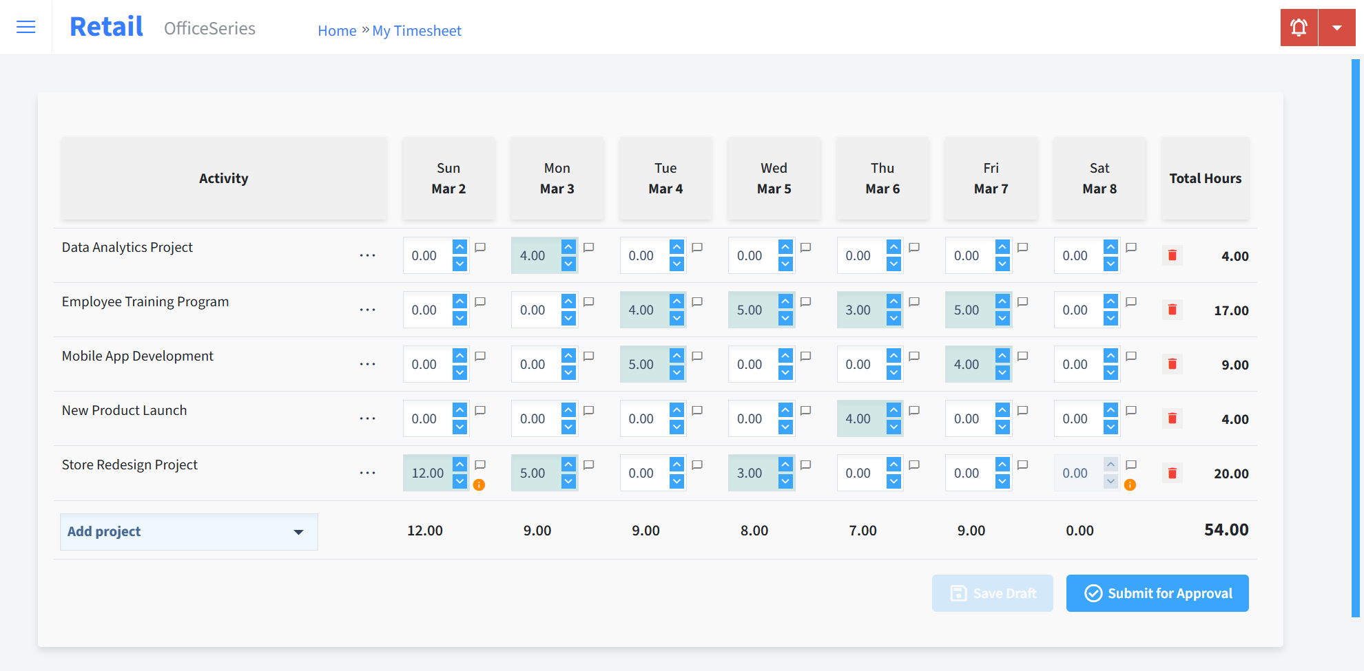 Retail Timesheet Time Entry