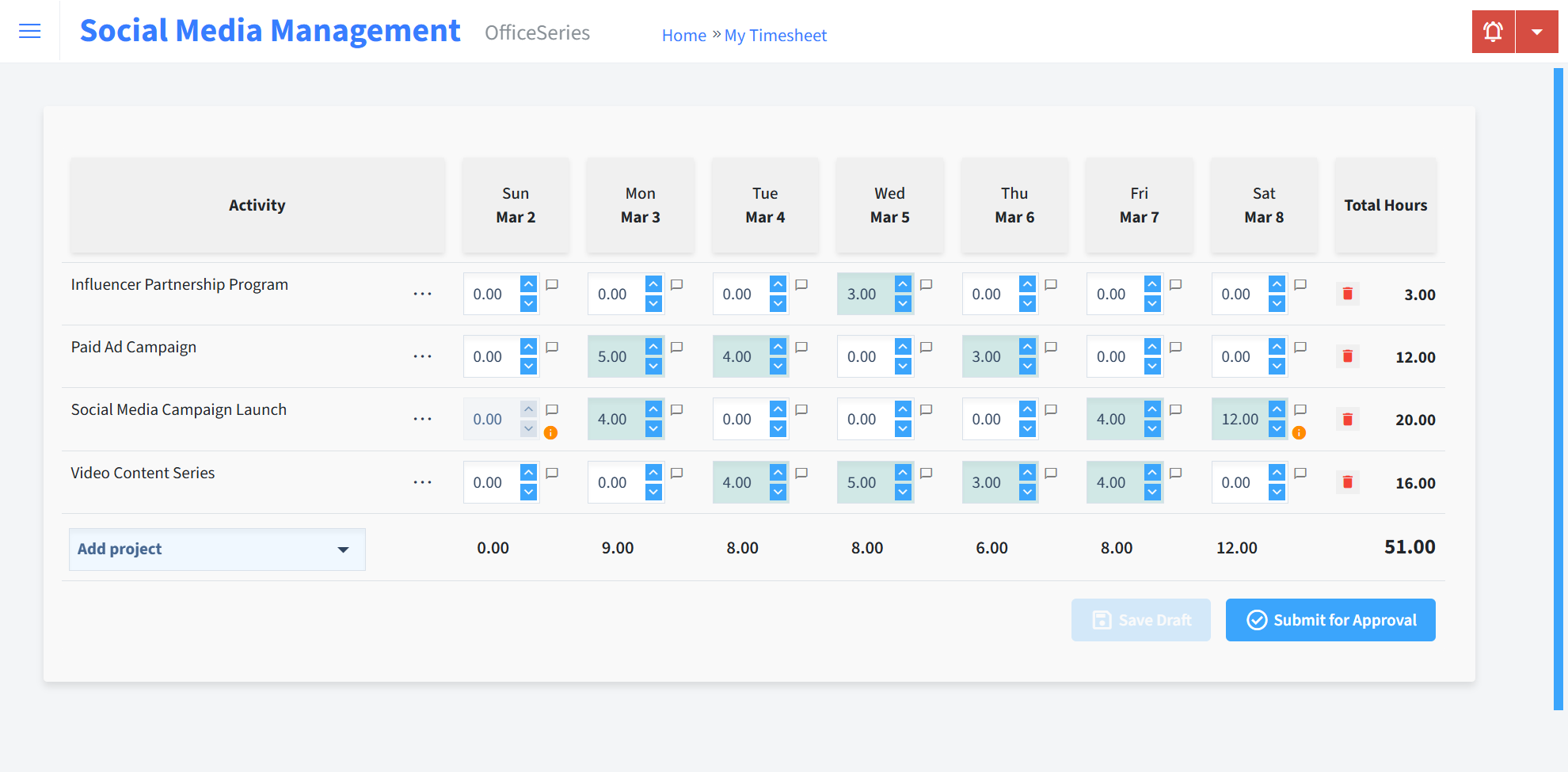 Social Media Management Timesheet Time Entry