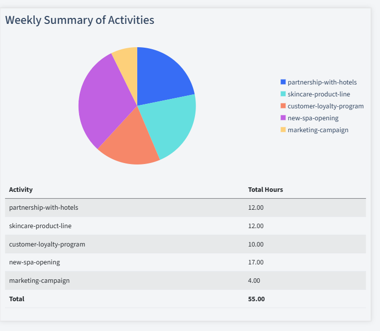 Spa And Wellness Timesheet Activity Summary