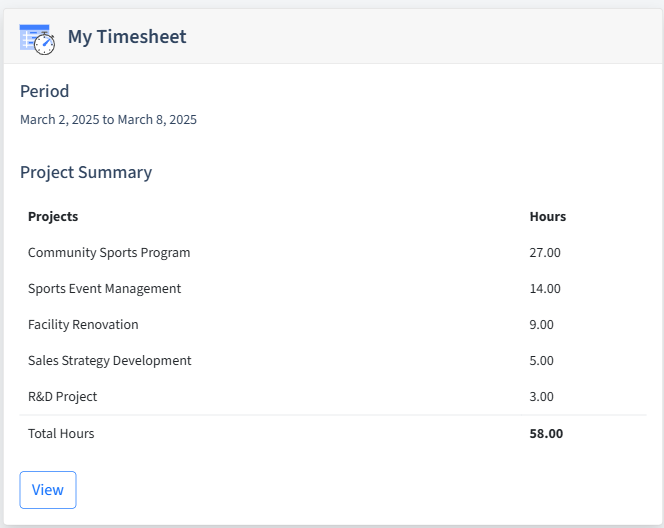 Sports And Recreation Timesheet Dashboard