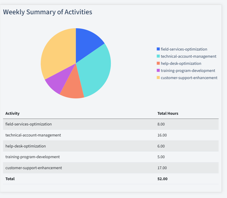 Technical Support Timesheet Activity Summary