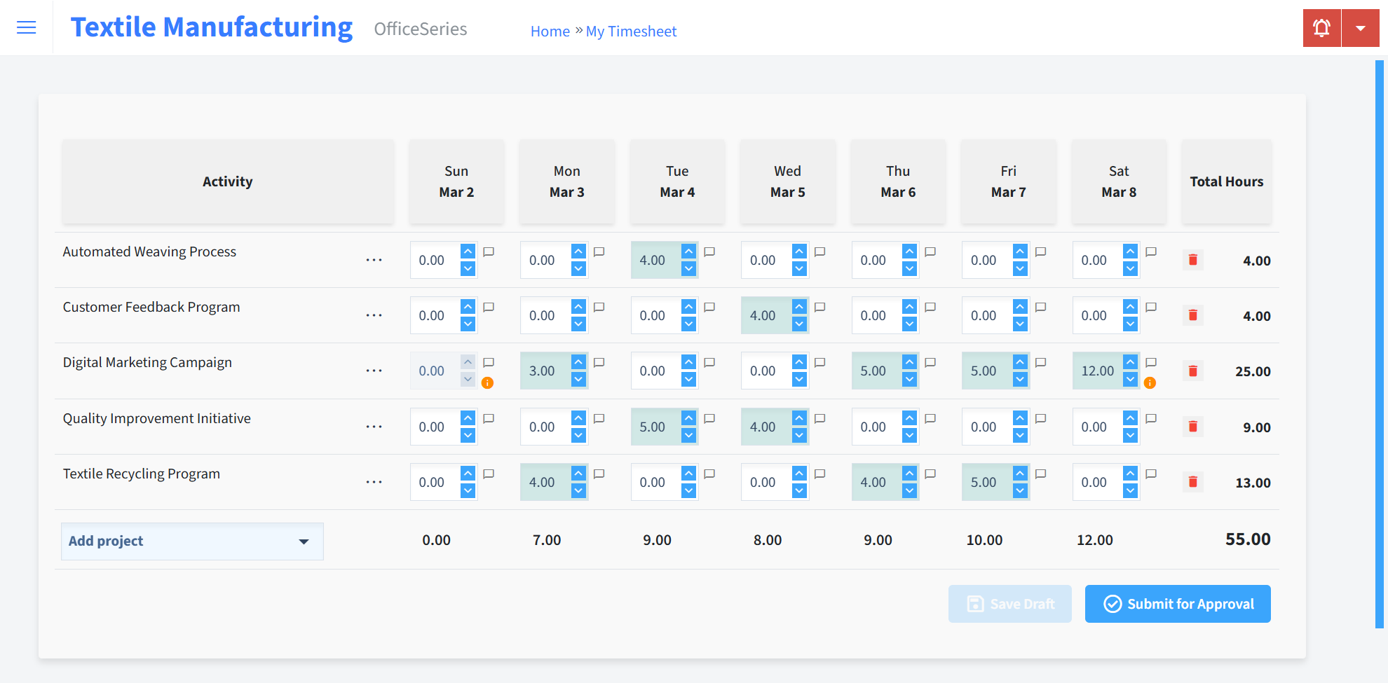 Textile Manufacturing Timesheet Time Entry