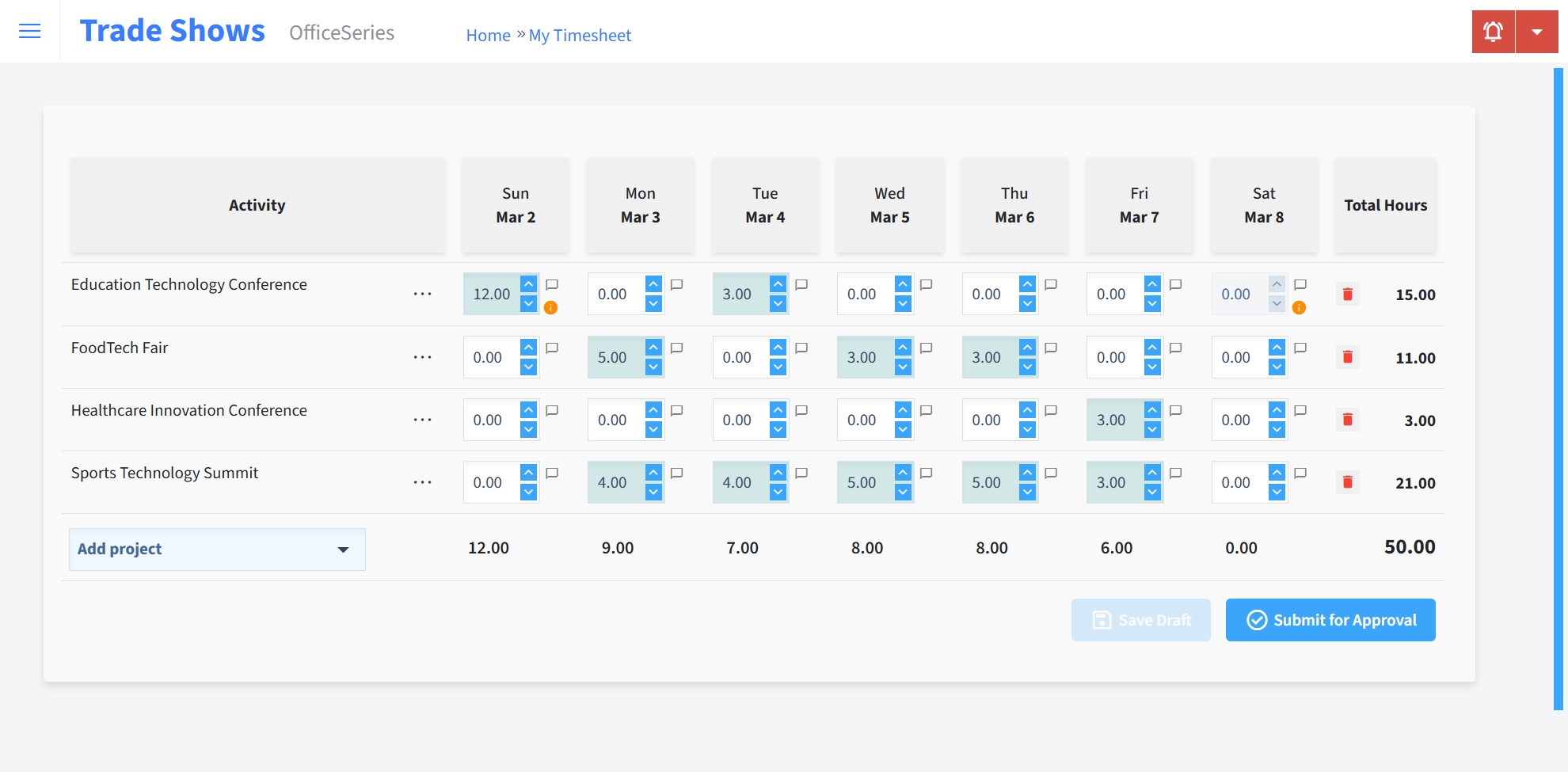 Trade Shows Timesheet Time Entry