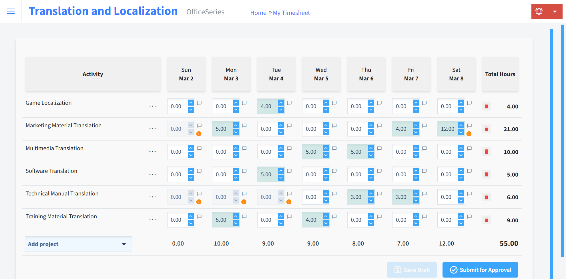 Translation And Localization Timesheet Time Entry