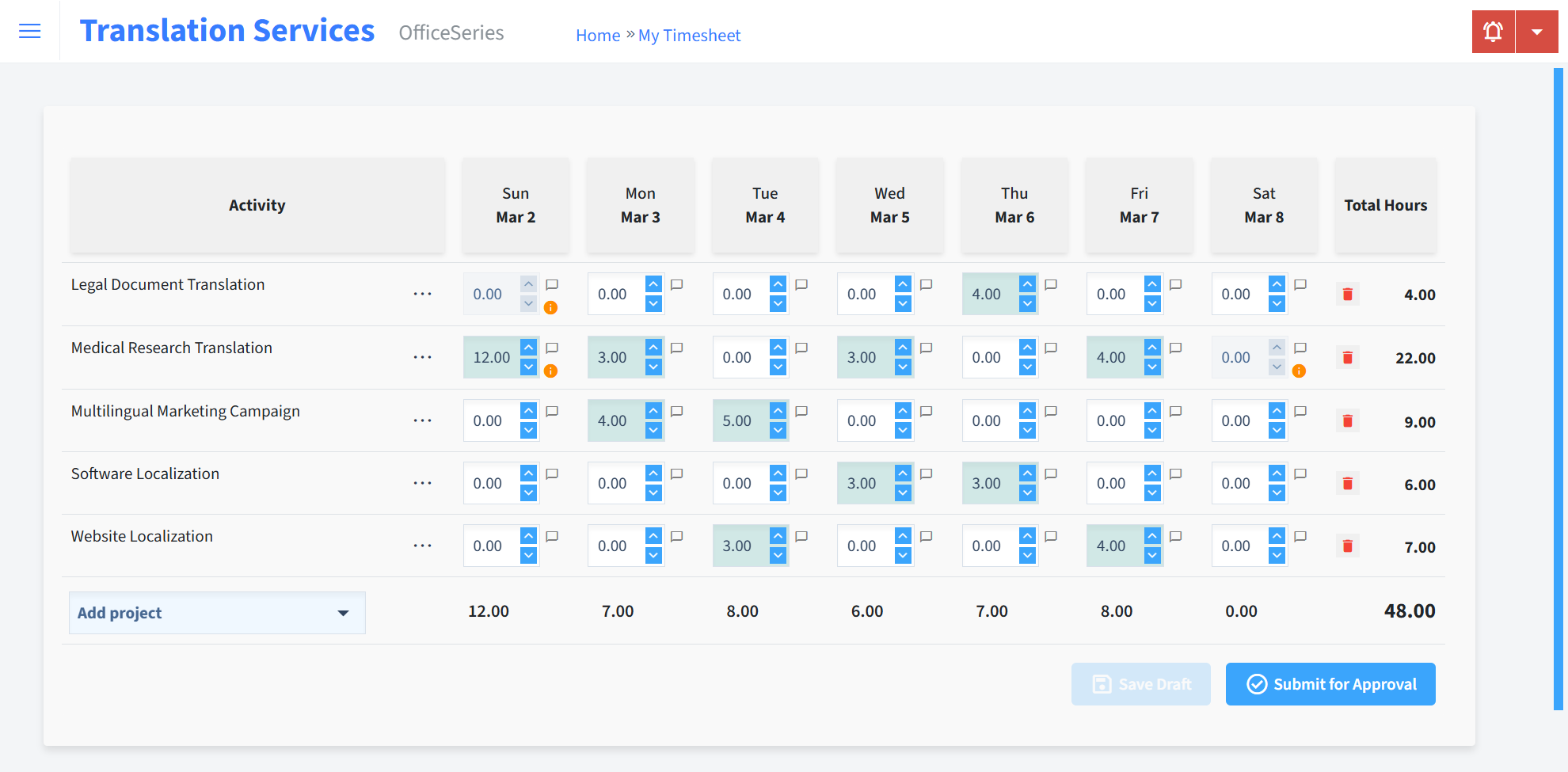 Translation Services Timesheet Time Entry