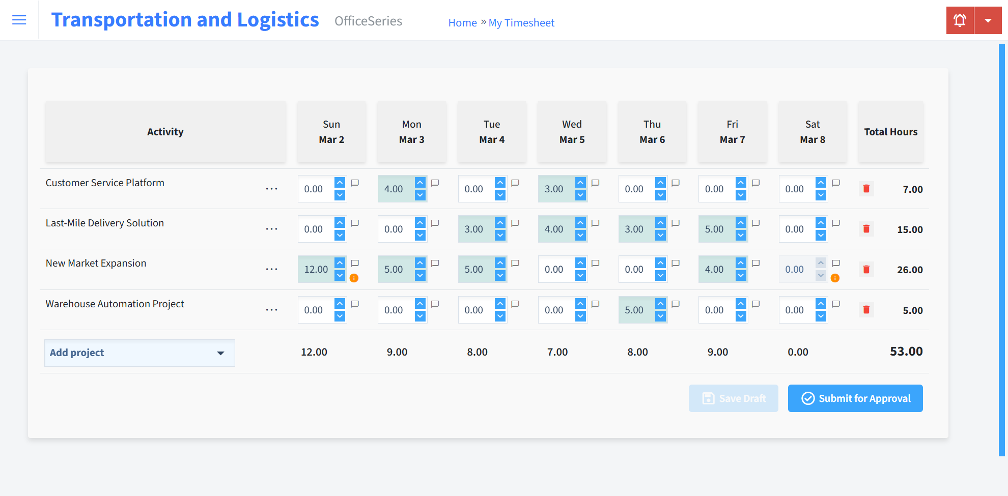 Transportation And Logistics Timesheet Time Entry