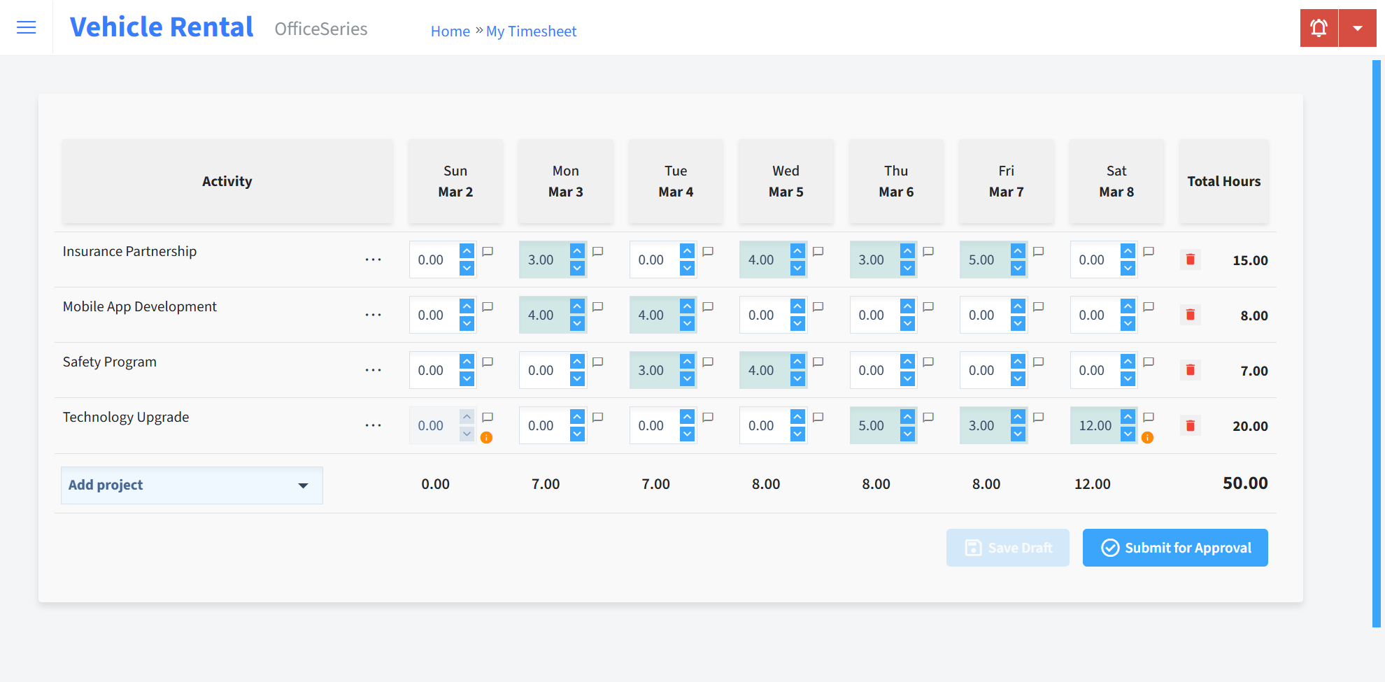 Vehicle Rental Timesheet Time Entry