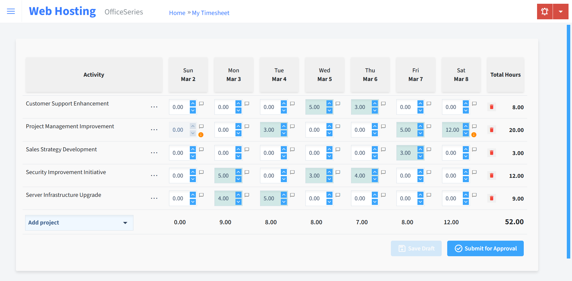 Web Hosting Timesheet Time Entry